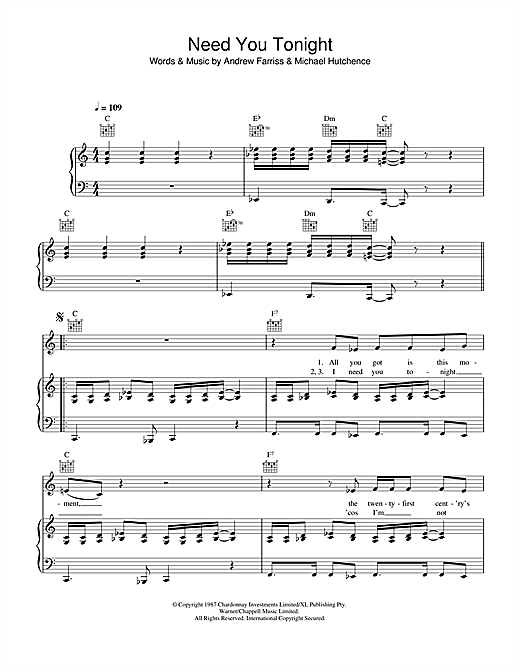 Preview INXS Need You Tonight Rock sheet music, notes and chords for Piano, Vocal & Guitar, SKU: 32634 sheet music, piano notes, chords, guitar tabs, score, transpose, transcribe, how to play, guide, download, learn, tutorial, progression, song, artist, awards, billboard, mtv, vh1, tour, single, album, release