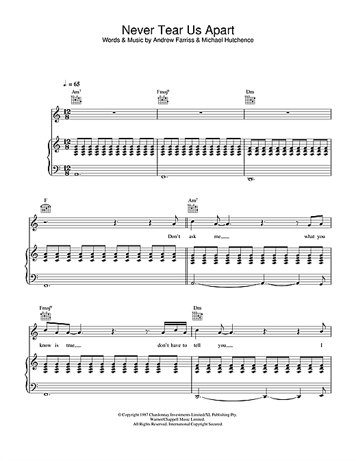Preview INXS Never Tear Us Apart Rock sheet music, notes and chords for Piano, Vocal & Guitar, SKU: 32635 sheet music, piano notes, chords, guitar tabs, score, transpose, transcribe, how to play, guide, download, learn, tutorial, progression, song, artist, awards, billboard, mtv, vh1, tour, single, album, release