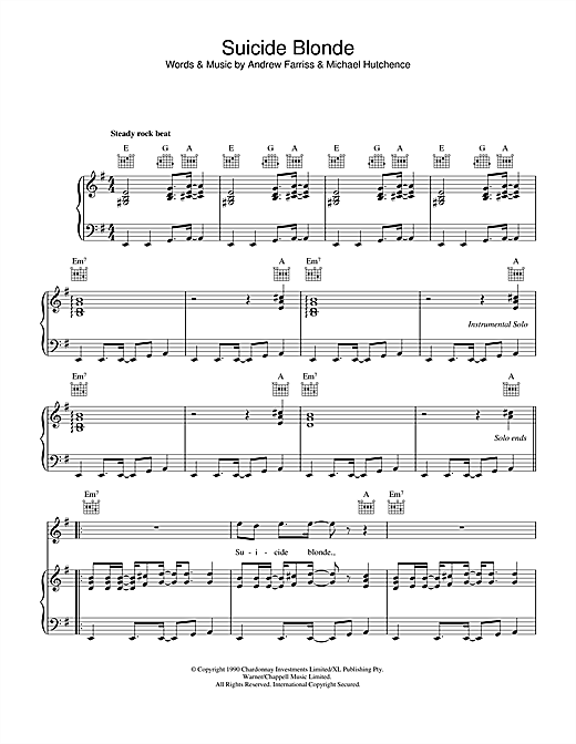 Preview INXS Suicide Blonde Rock sheet music, notes and chords for Piano, Vocal & Guitar (Right-Hand Melody), SKU: 32636 sheet music, piano notes, chords, guitar tabs, score, transpose, transcribe, how to play, guide, download, learn, tutorial, progression, song, artist, awards, billboard, mtv, vh1, tour, single, album, release