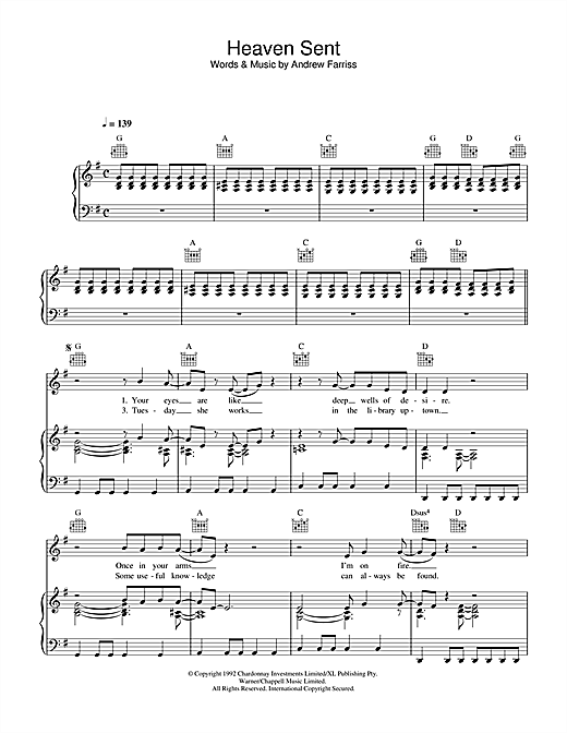 Preview INXS Heaven Sent Rock sheet music, notes and chords for Piano, Vocal & Guitar (Right-Hand Melody), SKU: 32637 sheet music, piano notes, chords, guitar tabs, score, transpose, transcribe, how to play, guide, download, learn, tutorial, progression, song, artist, awards, billboard, mtv, vh1, tour, single, album, release