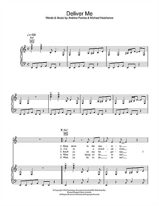 Preview INXS Deliver Me Rock sheet music, notes and chords for Piano, Vocal & Guitar (Right-Hand Melody), SKU: 32640 sheet music, piano notes, chords, guitar tabs, score, transpose, transcribe, how to play, guide, download, learn, tutorial, progression, song, artist, awards, billboard, mtv, vh1, tour, single, album, release