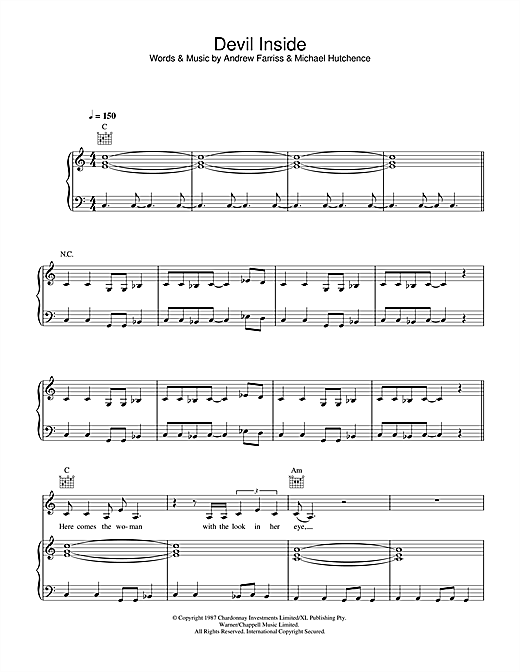 Preview INXS Devil Inside Rock sheet music, notes and chords for Piano, Vocal & Guitar, SKU: 32641 sheet music, piano notes, chords, guitar tabs, score, transpose, transcribe, how to play, guide, download, learn, tutorial, progression, song, artist, awards, billboard, mtv, vh1, tour, single, album, release