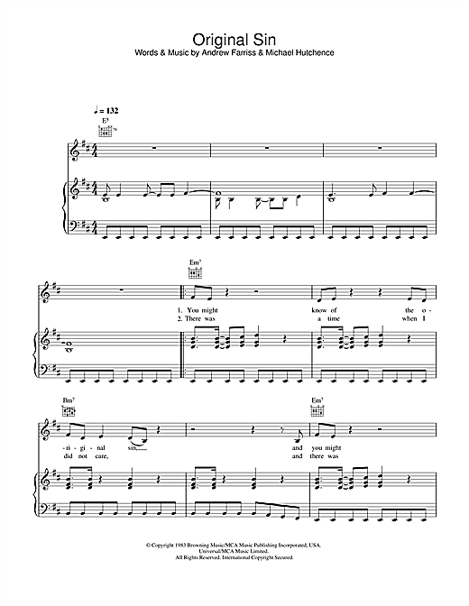 Preview INXS Original Sin Rock sheet music, notes and chords for Piano, Vocal & Guitar (Right-Hand Melody), SKU: 32642 sheet music, piano notes, chords, guitar tabs, score, transpose, transcribe, how to play, guide, download, learn, tutorial, progression, song, artist, awards, billboard, mtv, vh1, tour, single, album, release