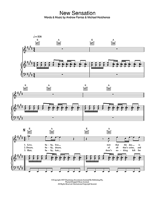 Preview INXS New Sensation Rock sheet music, notes and chords for Piano, Vocal & Guitar, SKU: 32643 sheet music, piano notes, chords, guitar tabs, score, transpose, transcribe, how to play, guide, download, learn, tutorial, progression, song, artist, awards, billboard, mtv, vh1, tour, single, album, release