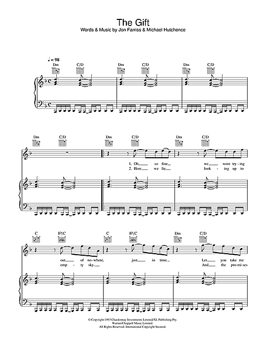 Preview INXS The Gift Rock sheet music, notes and chords for Piano, Vocal & Guitar, SKU: 32644 sheet music, piano notes, chords, guitar tabs, score, transpose, transcribe, how to play, guide, download, learn, tutorial, progression, song, artist, awards, billboard, mtv, vh1, tour, single, album, release