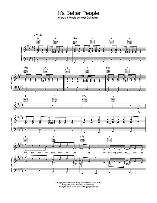 Preview Oasis It's Better People Rock sheet music, notes and chords for Piano, Vocal & Guitar (Right-Hand Melody), SKU: 32645 sheet music, piano notes, chords, guitar tabs, score, transpose, transcribe, how to play, guide, download, learn, tutorial, progression, song, artist, awards, billboard, mtv, vh1, tour, single, album, release