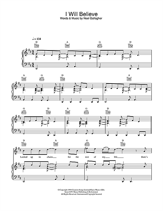 Preview Oasis I Will Believe Rock sheet music, notes and chords for Piano, Vocal & Guitar (Right-Hand Melody), SKU: 32647 sheet music, piano notes, chords, guitar tabs, score, transpose, transcribe, how to play, guide, download, learn, tutorial, progression, song, artist, awards, billboard, mtv, vh1, tour, single, album, release
