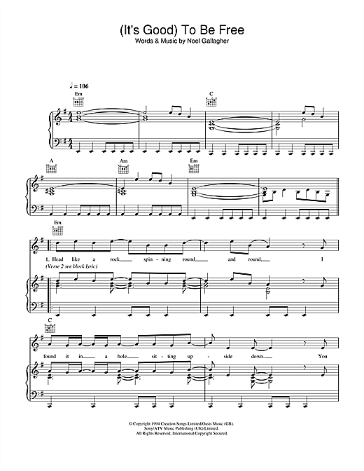 Preview Oasis (It's Good) To Be Free Rock sheet music, notes and chords for Piano, Vocal & Guitar (Right-Hand Melody), SKU: 32649 sheet music, piano notes, chords, guitar tabs, score, transpose, transcribe, how to play, guide, download, learn, tutorial, progression, song, artist, awards, billboard, mtv, vh1, tour, single, album, release