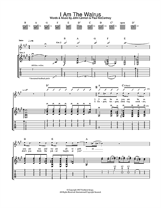 Preview Oasis I Am The Walrus Rock sheet music, notes and chords for Guitar Tab, SKU: 32650 sheet music, piano notes, chords, guitar tabs, score, transpose, transcribe, how to play, guide, download, learn, tutorial, progression, song, artist, awards, billboard, mtv, vh1, tour, single, album, release