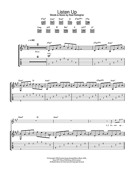 Preview Oasis Listen Up Rock sheet music, notes and chords for Guitar Tab, SKU: 32651 sheet music, piano notes, chords, guitar tabs, score, transpose, transcribe, how to play, guide, download, learn, tutorial, progression, song, artist, awards, billboard, mtv, vh1, tour, single, album, release