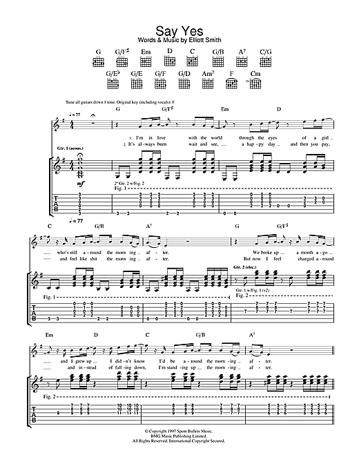 Preview Elliott Smith Say Yes Pop sheet music, notes and chords for Guitar Tab, SKU: 32654 sheet music, piano notes, chords, guitar tabs, score, transpose, transcribe, how to play, guide, download, learn, tutorial, progression, song, artist, awards, billboard, mtv, vh1, tour, single, album, release