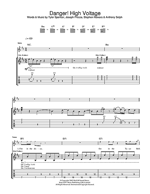 Preview Electric Six Danger! High Voltage Rock sheet music, notes and chords for Guitar Tab, SKU: 32656 sheet music, piano notes, chords, guitar tabs, score, transpose, transcribe, how to play, guide, download, learn, tutorial, progression, song, artist, awards, billboard, mtv, vh1, tour, single, album, release