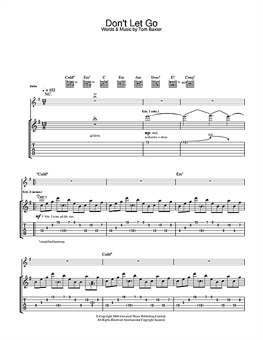Preview Tom Baxter Don't Let Go Rock sheet music, notes and chords for Guitar Tab, SKU: 32658 sheet music, piano notes, chords, guitar tabs, score, transpose, transcribe, how to play, guide, download, learn, tutorial, progression, song, artist, awards, billboard, mtv, vh1, tour, single, album, release