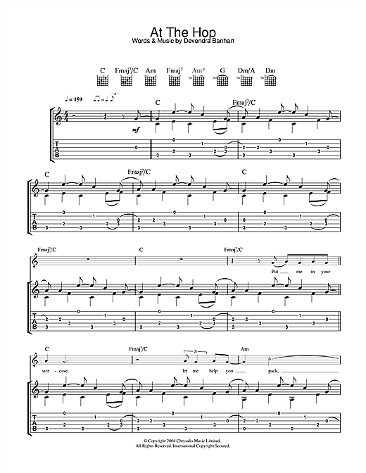 Preview Devendra Banhart At The Hop Rock sheet music, notes and chords for Guitar Tab, SKU: 32661 sheet music, piano notes, chords, guitar tabs, score, transpose, transcribe, how to play, guide, download, learn, tutorial, progression, song, artist, awards, billboard, mtv, vh1, tour, single, album, release