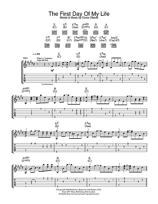 Preview Bright Eyes First Day Of My Life Rock sheet music, notes and chords for Guitar Tab, SKU: 32664 sheet music, piano notes, chords, guitar tabs, score, transpose, transcribe, how to play, guide, download, learn, tutorial, progression, song, artist, awards, billboard, mtv, vh1, tour, single, album, release