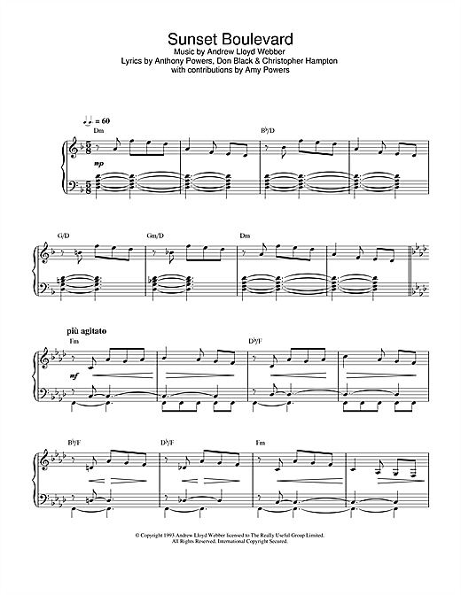 Preview Andrew Lloyd Webber Sunset Boulevard (from Sunset Boulevard) Musicals sheet music, notes and chords for Piano, Vocal & Guitar (Right-Hand Melody), SKU: 32666 sheet music, piano notes, chords, guitar tabs, score, transpose, transcribe, how to play, guide, download, learn, tutorial, progression, song, artist, awards, billboard, mtv, vh1, tour, single, album, release