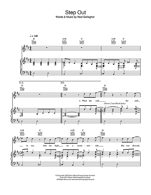 Preview Oasis Step Out Rock sheet music, notes and chords for Piano, Vocal & Guitar (Right-Hand Melody), SKU: 32670 sheet music, piano notes, chords, guitar tabs, score, transpose, transcribe, how to play, guide, download, learn, tutorial, progression, song, artist, awards, billboard, mtv, vh1, tour, single, album, release