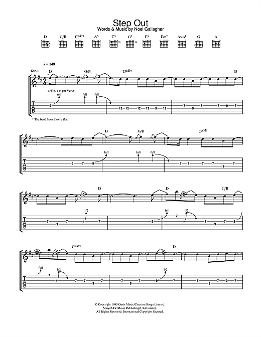 Preview Oasis Step Out Rock sheet music, notes and chords for Guitar Tab, SKU: 32672 sheet music, piano notes, chords, guitar tabs, score, transpose, transcribe, how to play, guide, download, learn, tutorial, progression, song, artist, awards, billboard, mtv, vh1, tour, single, album, release
