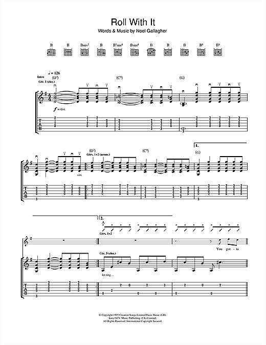 Preview Oasis Roll With It Rock sheet music, notes and chords for Guitar Tab, SKU: 32675 sheet music, piano notes, chords, guitar tabs, score, transpose, transcribe, how to play, guide, download, learn, tutorial, progression, song, artist, awards, billboard, mtv, vh1, tour, single, album, release