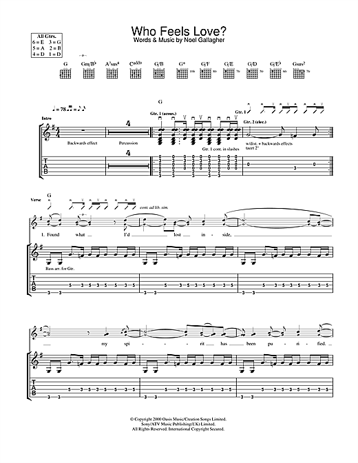 Preview Oasis Who Feels Love? Rock sheet music, notes and chords for Guitar Tab, SKU: 32676 sheet music, piano notes, chords, guitar tabs, score, transpose, transcribe, how to play, guide, download, learn, tutorial, progression, song, artist, awards, billboard, mtv, vh1, tour, single, album, release