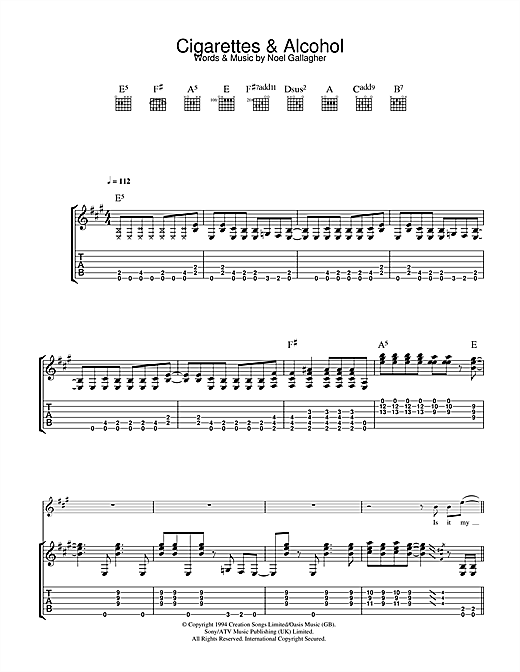 Preview Oasis Cigarettes & Alcohol Rock sheet music, notes and chords for Guitar Tab, SKU: 32680 sheet music, piano notes, chords, guitar tabs, score, transpose, transcribe, how to play, guide, download, learn, tutorial, progression, song, artist, awards, billboard, mtv, vh1, tour, single, album, release