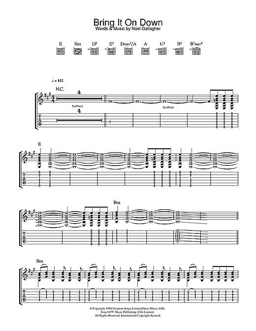 Preview Oasis Bring It On Down Rock sheet music, notes and chords for Guitar Tab, SKU: 32682 sheet music, piano notes, chords, guitar tabs, score, transpose, transcribe, how to play, guide, download, learn, tutorial, progression, song, artist, awards, billboard, mtv, vh1, tour, single, album, release