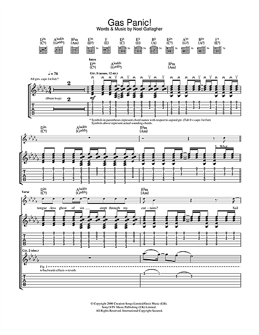 Preview Oasis Gas Panic! Rock sheet music, notes and chords for Guitar Tab, SKU: 32683 sheet music, piano notes, chords, guitar tabs, score, transpose, transcribe, how to play, guide, download, learn, tutorial, progression, song, artist, awards, billboard, mtv, vh1, tour, single, album, release