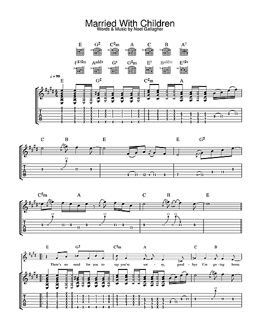 Preview Oasis Married With Children Rock sheet music, notes and chords for Guitar Tab, SKU: 32685 sheet music, piano notes, chords, guitar tabs, score, transpose, transcribe, how to play, guide, download, learn, tutorial, progression, song, artist, awards, billboard, mtv, vh1, tour, single, album, release