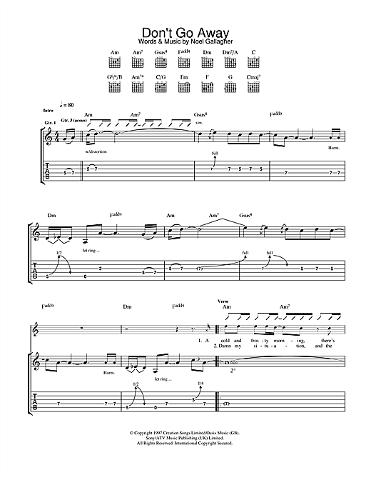 Preview Oasis Don't Go Away Rock sheet music, notes and chords for Guitar Tab, SKU: 32686 sheet music, piano notes, chords, guitar tabs, score, transpose, transcribe, how to play, guide, download, learn, tutorial, progression, song, artist, awards, billboard, mtv, vh1, tour, single, album, release