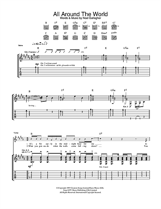 Preview Oasis All Around The World Rock sheet music, notes and chords for Guitar Tab, SKU: 32687 sheet music, piano notes, chords, guitar tabs, score, transpose, transcribe, how to play, guide, download, learn, tutorial, progression, song, artist, awards, billboard, mtv, vh1, tour, single, album, release