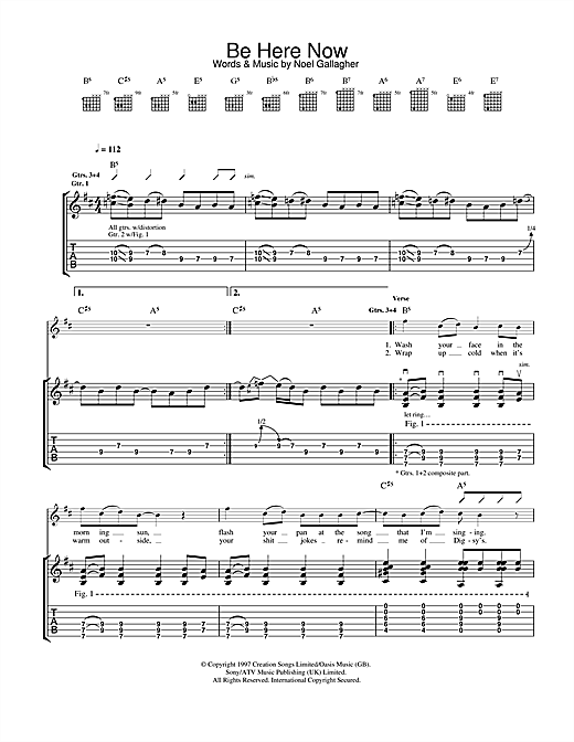 Preview Oasis Be Here Now Rock sheet music, notes and chords for Guitar Tab, SKU: 32688 sheet music, piano notes, chords, guitar tabs, score, transpose, transcribe, how to play, guide, download, learn, tutorial, progression, song, artist, awards, billboard, mtv, vh1, tour, single, album, release