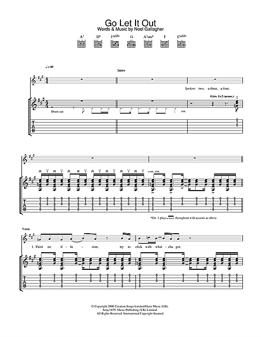 Preview Oasis Go Let It Out Rock sheet music, notes and chords for Guitar Tab, SKU: 32689 sheet music, piano notes, chords, guitar tabs, score, transpose, transcribe, how to play, guide, download, learn, tutorial, progression, song, artist, awards, billboard, mtv, vh1, tour, single, album, release