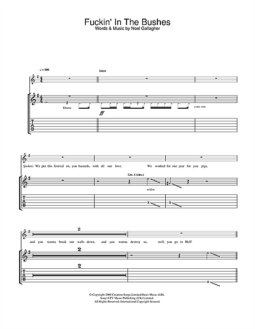 Preview Oasis Fuckin' In The Bushes Rock sheet music, notes and chords for Guitar Tab, SKU: 32690 sheet music, piano notes, chords, guitar tabs, score, transpose, transcribe, how to play, guide, download, learn, tutorial, progression, song, artist, awards, billboard, mtv, vh1, tour, single, album, release
