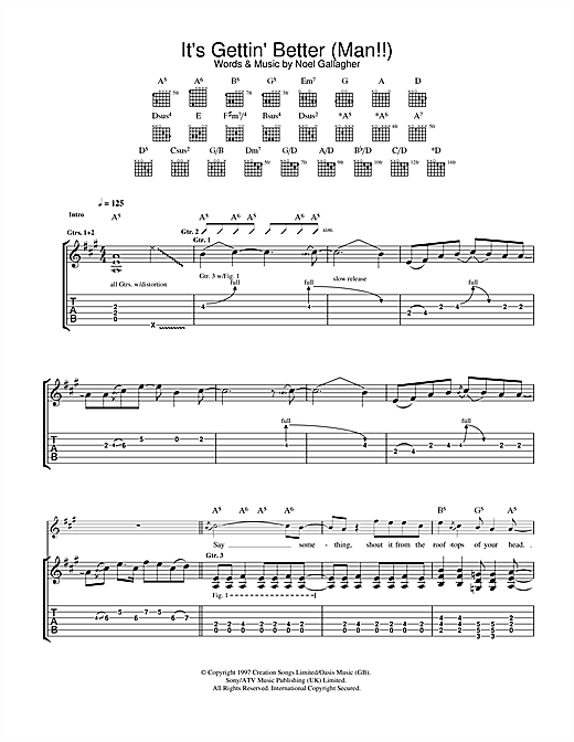 Preview Oasis It's Gettin' Better (Man!!) Rock sheet music, notes and chords for Guitar Tab, SKU: 32691 sheet music, piano notes, chords, guitar tabs, score, transpose, transcribe, how to play, guide, download, learn, tutorial, progression, song, artist, awards, billboard, mtv, vh1, tour, single, album, release