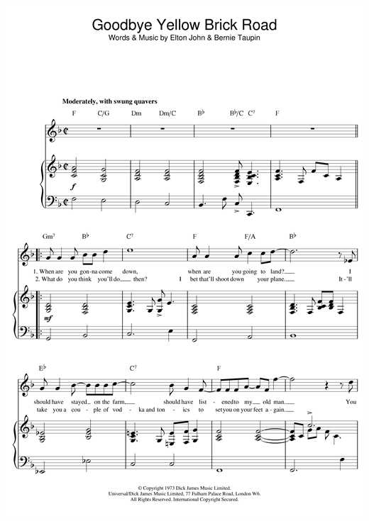 Preview Elton John Goodbye Yellow Brick Road Rock sheet music, notes and chords for Piano, Vocal & Guitar, SKU: 32692 sheet music, piano notes, chords, guitar tabs, score, transpose, transcribe, how to play, guide, download, learn, tutorial, progression, song, artist, awards, billboard, mtv, vh1, tour, single, album, release