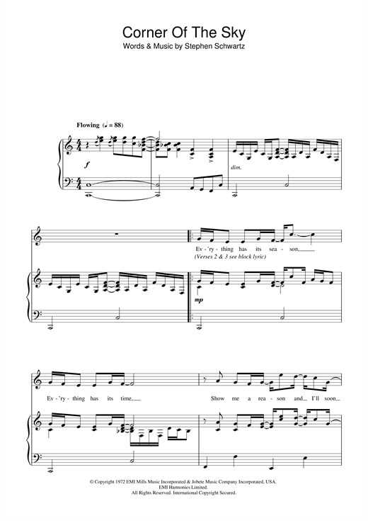 Preview Stephen Schwartz Corner Of The Sky (from Pippin) Musicals sheet music, notes and chords for Piano & Vocal, SKU: 32693 sheet music, piano notes, chords, guitar tabs, score, transpose, transcribe, how to play, guide, download, learn, tutorial, progression, song, artist, awards, billboard, mtv, vh1, tour, single, album, release