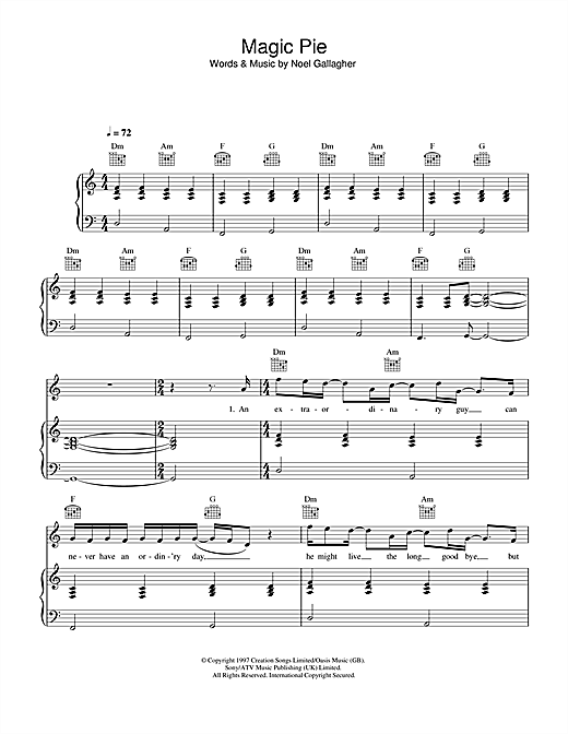 Preview Oasis Magic Pie Rock sheet music, notes and chords for Piano, Vocal & Guitar, SKU: 32694 sheet music, piano notes, chords, guitar tabs, score, transpose, transcribe, how to play, guide, download, learn, tutorial, progression, song, artist, awards, billboard, mtv, vh1, tour, single, album, release