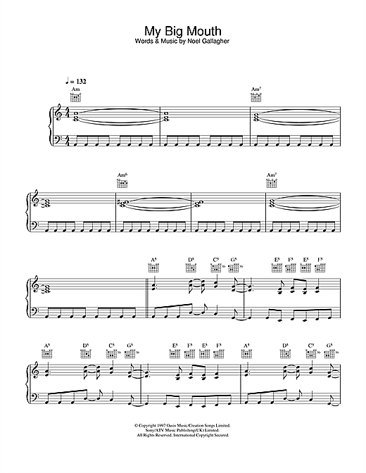 Preview Oasis My Big Mouth Rock sheet music, notes and chords for Piano, Vocal & Guitar, SKU: 32695 sheet music, piano notes, chords, guitar tabs, score, transpose, transcribe, how to play, guide, download, learn, tutorial, progression, song, artist, awards, billboard, mtv, vh1, tour, single, album, release