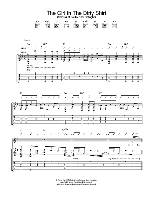 Preview Oasis The Girl In The Dirty Shirt Rock sheet music, notes and chords for Guitar Tab, SKU: 32697 sheet music, piano notes, chords, guitar tabs, score, transpose, transcribe, how to play, guide, download, learn, tutorial, progression, song, artist, awards, billboard, mtv, vh1, tour, single, album, release