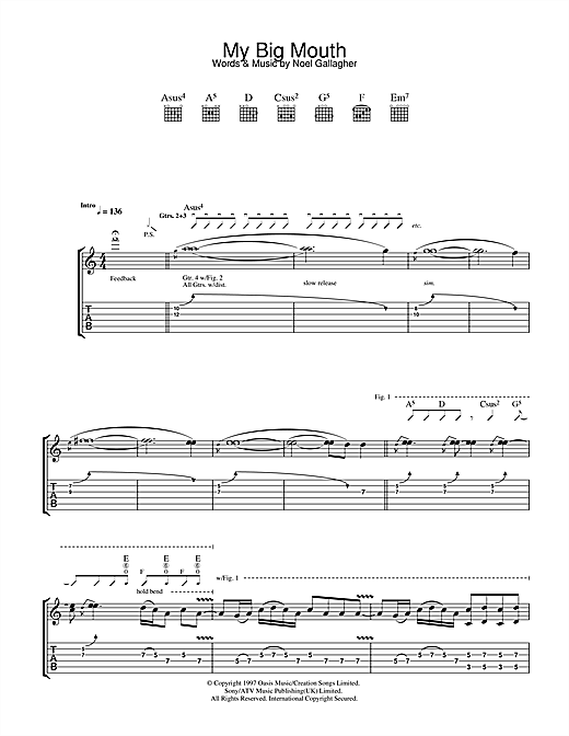 Preview Oasis My Big Mouth Rock sheet music, notes and chords for Guitar Tab, SKU: 32698 sheet music, piano notes, chords, guitar tabs, score, transpose, transcribe, how to play, guide, download, learn, tutorial, progression, song, artist, awards, billboard, mtv, vh1, tour, single, album, release