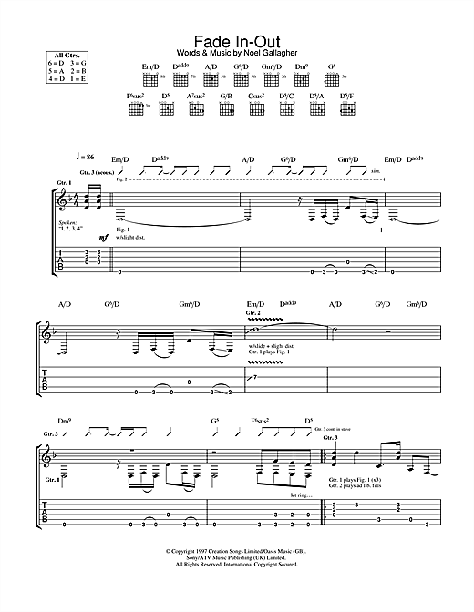 Preview Oasis Fade In-Out Rock sheet music, notes and chords for Guitar Tab, SKU: 32699 sheet music, piano notes, chords, guitar tabs, score, transpose, transcribe, how to play, guide, download, learn, tutorial, progression, song, artist, awards, billboard, mtv, vh1, tour, single, album, release