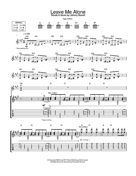 Preview Razorlight Leave Me Alone Rock sheet music, notes and chords for Guitar Tab, SKU: 32702 sheet music, piano notes, chords, guitar tabs, score, transpose, transcribe, how to play, guide, download, learn, tutorial, progression, song, artist, awards, billboard, mtv, vh1, tour, single, album, release