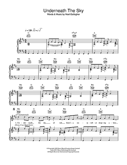 Preview Oasis Underneath The Sky Rock sheet music, notes and chords for Piano, Vocal & Guitar (Right-Hand Melody), SKU: 32711 sheet music, piano notes, chords, guitar tabs, score, transpose, transcribe, how to play, guide, download, learn, tutorial, progression, song, artist, awards, billboard, mtv, vh1, tour, single, album, release