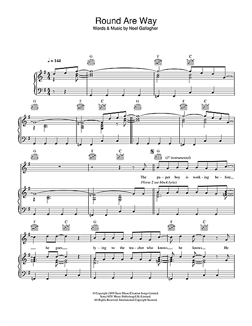 Preview Oasis Round Are Way Rock sheet music, notes and chords for Piano, Vocal & Guitar (Right-Hand Melody), SKU: 32713 sheet music, piano notes, chords, guitar tabs, score, transpose, transcribe, how to play, guide, download, learn, tutorial, progression, song, artist, awards, billboard, mtv, vh1, tour, single, album, release