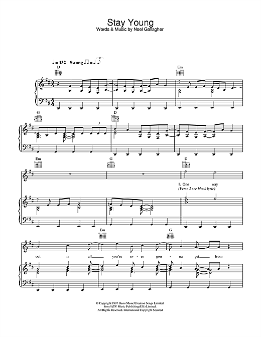 Preview Oasis Stay Young Rock sheet music, notes and chords for Piano, Vocal & Guitar (Right-Hand Melody), SKU: 32714 sheet music, piano notes, chords, guitar tabs, score, transpose, transcribe, how to play, guide, download, learn, tutorial, progression, song, artist, awards, billboard, mtv, vh1, tour, single, album, release