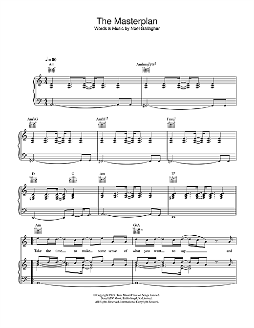 Preview Oasis The Masterplan Rock sheet music, notes and chords for Piano, Vocal & Guitar (Right-Hand Melody), SKU: 32715 sheet music, piano notes, chords, guitar tabs, score, transpose, transcribe, how to play, guide, download, learn, tutorial, progression, song, artist, awards, billboard, mtv, vh1, tour, single, album, release