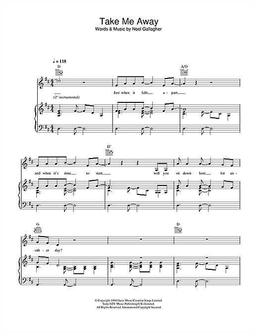 Preview Oasis Take Me Away Rock sheet music, notes and chords for Piano, Vocal & Guitar (Right-Hand Melody), SKU: 32716 sheet music, piano notes, chords, guitar tabs, score, transpose, transcribe, how to play, guide, download, learn, tutorial, progression, song, artist, awards, billboard, mtv, vh1, tour, single, album, release
