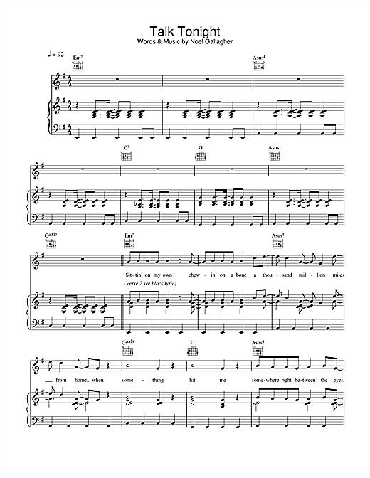 Preview Oasis Talk Tonight Rock sheet music, notes and chords for Piano, Vocal & Guitar (Right-Hand Melody), SKU: 32717 sheet music, piano notes, chords, guitar tabs, score, transpose, transcribe, how to play, guide, download, learn, tutorial, progression, song, artist, awards, billboard, mtv, vh1, tour, single, album, release