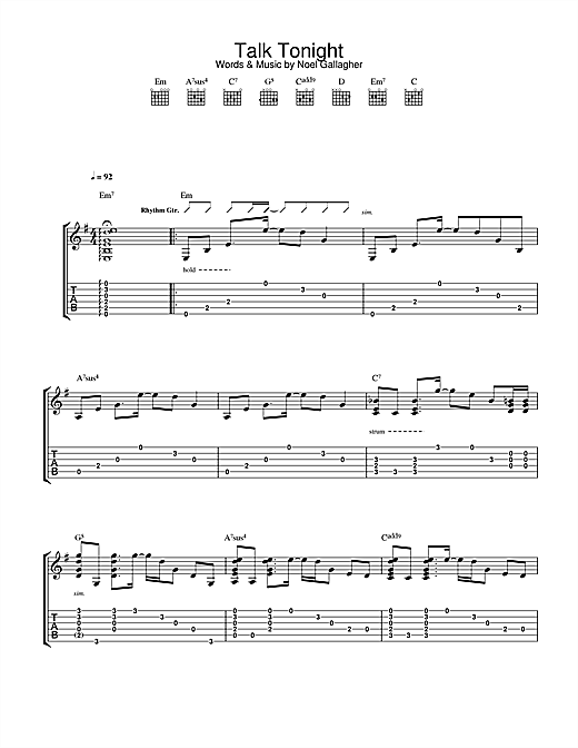 Preview Oasis Talk Tonight Rock sheet music, notes and chords for Guitar Tab, SKU: 32718 sheet music, piano notes, chords, guitar tabs, score, transpose, transcribe, how to play, guide, download, learn, tutorial, progression, song, artist, awards, billboard, mtv, vh1, tour, single, album, release