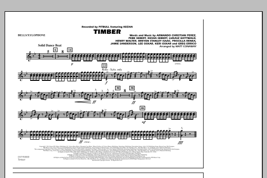 Preview Matt Conaway Timber - Bells/Xylophone Pop sheet music, notes and chords for Marching Band, SKU: 327193 sheet music, piano notes, chords, guitar tabs, score, transpose, transcribe, how to play, guide, download, learn, tutorial, progression, song, artist, awards, billboard, mtv, vh1, tour, single, album, release